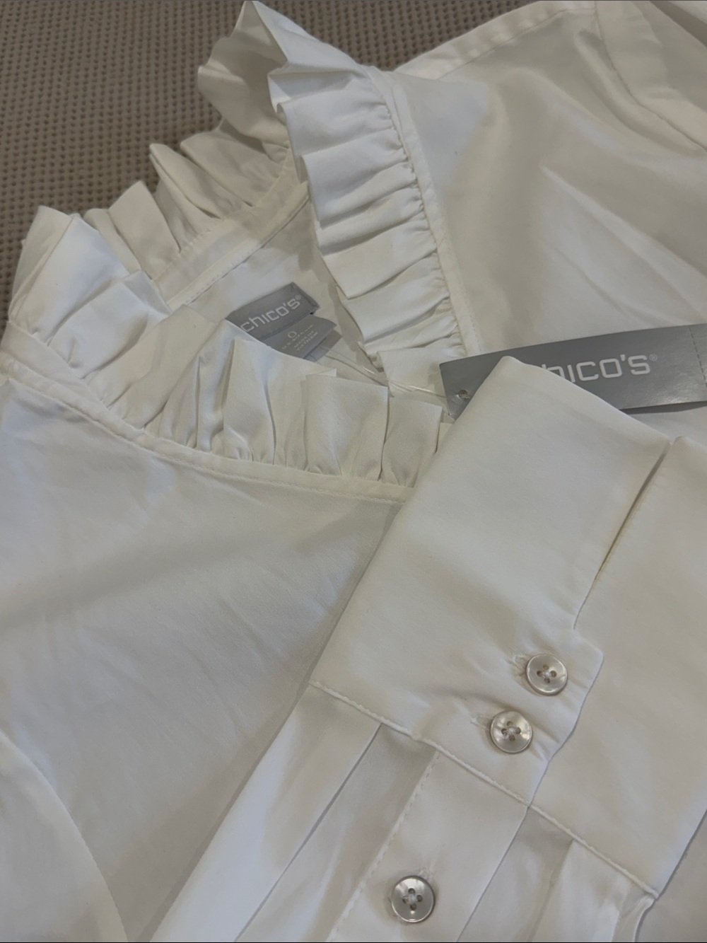 Chico's White Ruffle-Trim Button Front Dress Shirt